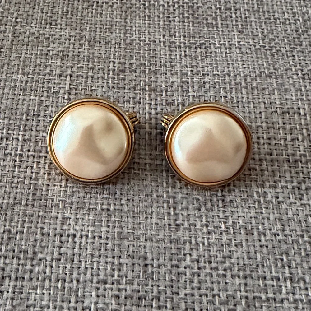 Vintage Monet Faux Pearl Gold Tone Clip-On Earrings Classic Round